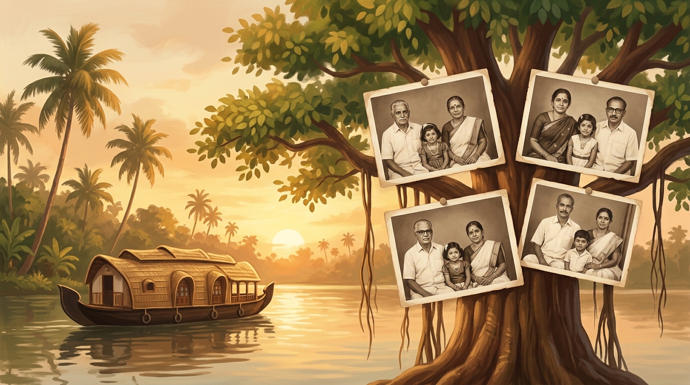 A banyan tree with pinned sepia family portraits beside a Kerala backwater at sunset