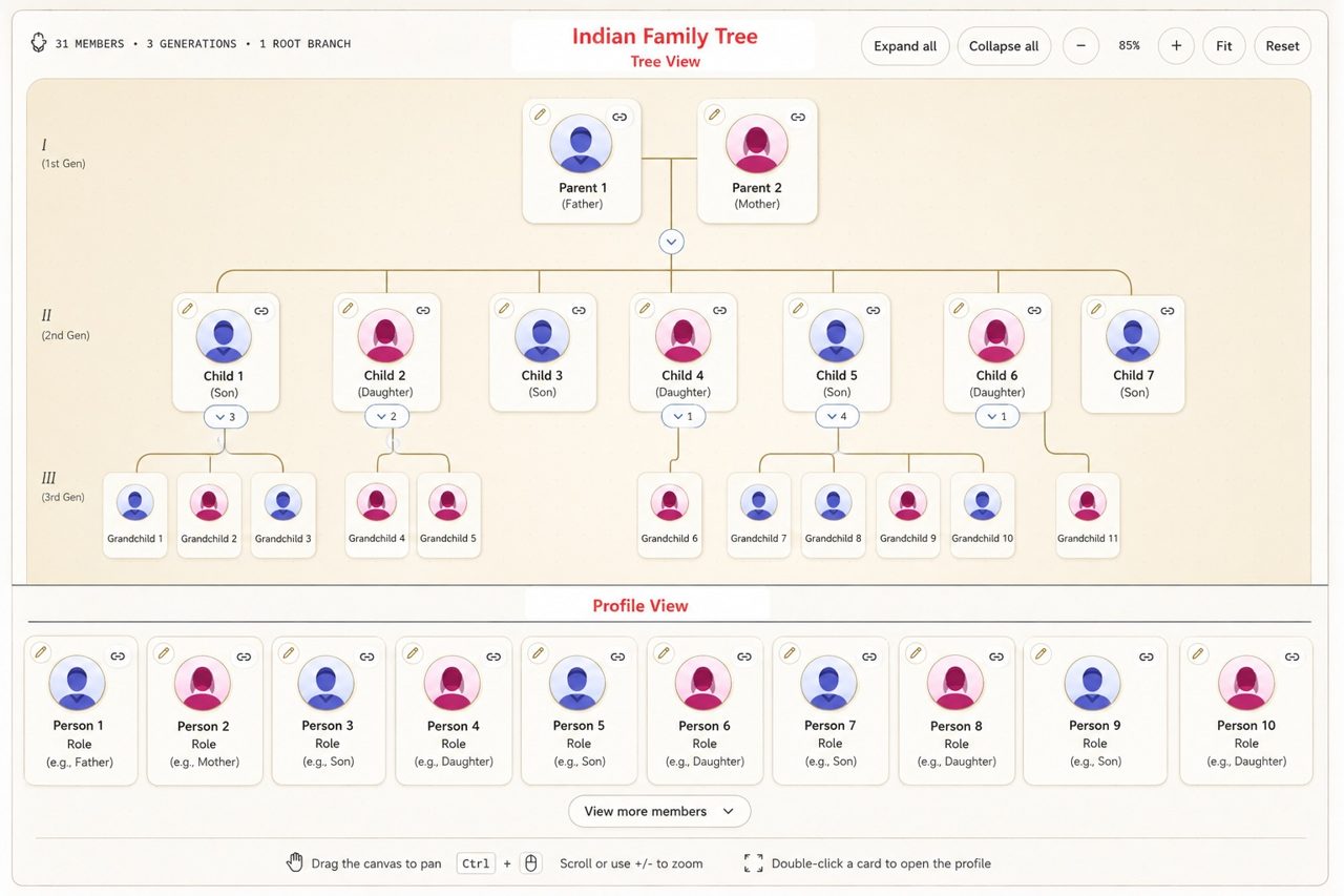 How your Indian Family Tree looks — color-coded generations with tree and profile views